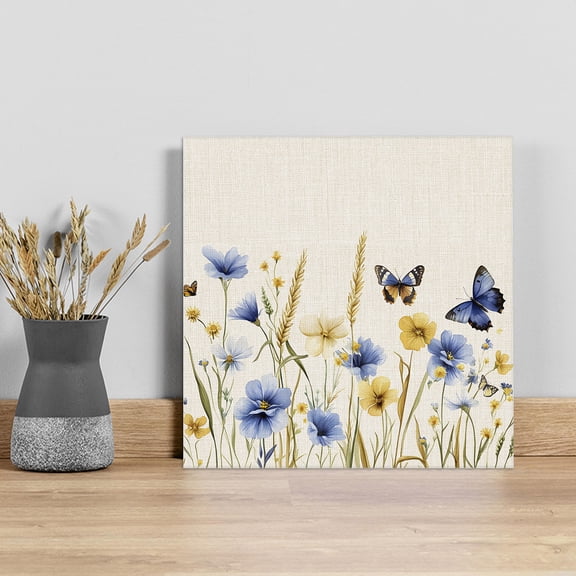 Blue Floral Wall Art Painting on Canvas, Yellow Flower Butterflies Country Plant Canvas Art Home Prints Wall Art Framed Modern Artwork for Living Room Bedroom Wall Decor 8x8in