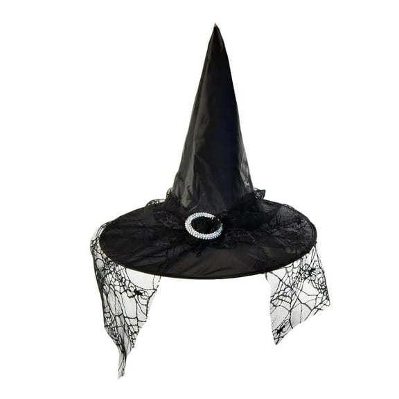 Waroomhouse Halloween Witch Hat Lace Spider Web Decor Large Brim Pointed Wizard Sorceress Cosplay Haunted House Carnival Party Costume Cap Headwear