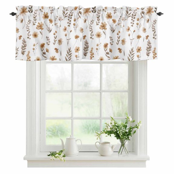 Brown Wildflowers Valances for Windows, Rod Pocket Kitchen Valance Curtains - Soft & Washable Small Window Treatment for Living Room, Bathroom, Spring Floral Leaves 54x18inch, 1 Panel