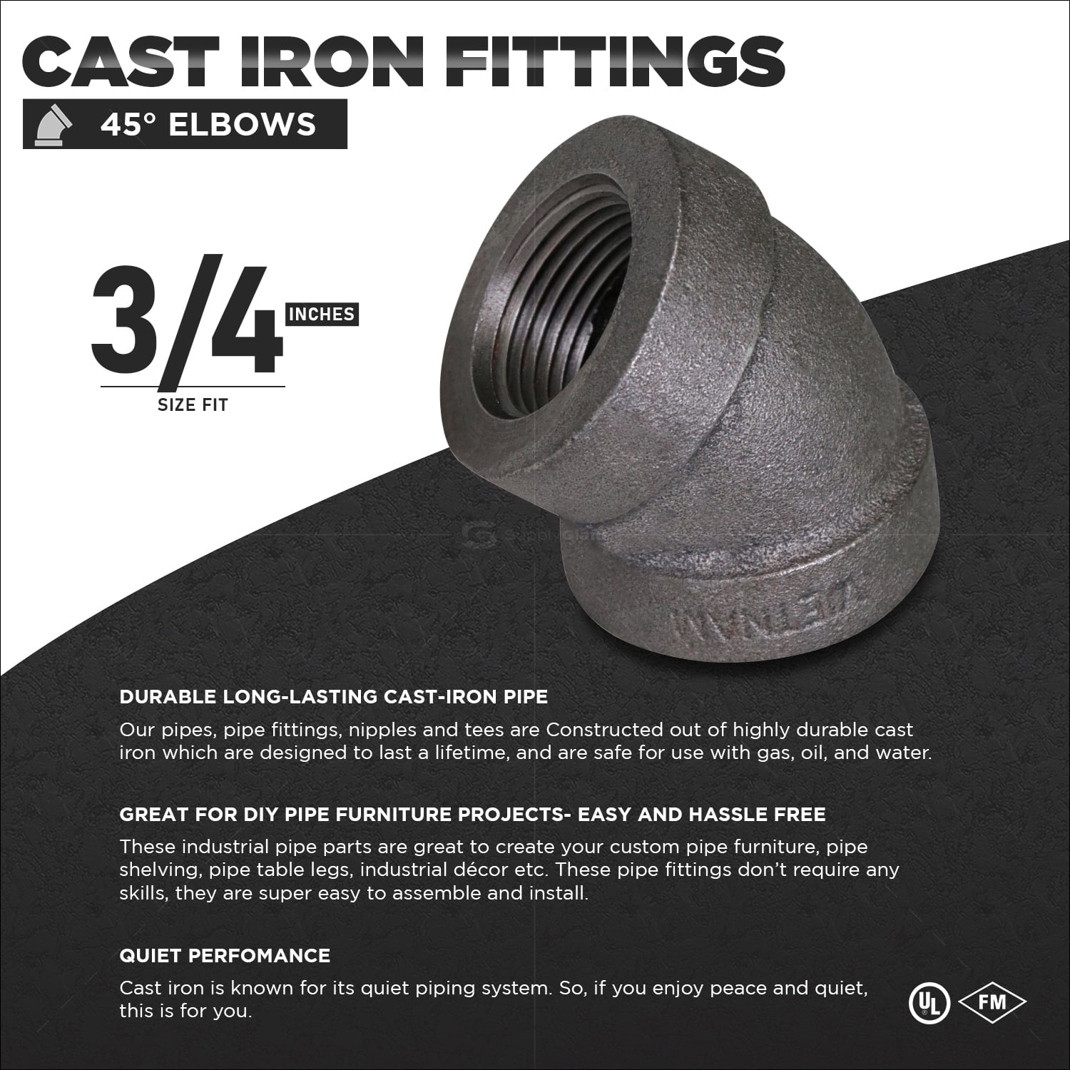 Supply Giant 3/4" 45 Degree Black Pipe Fitting Street Elbow Cast Iron