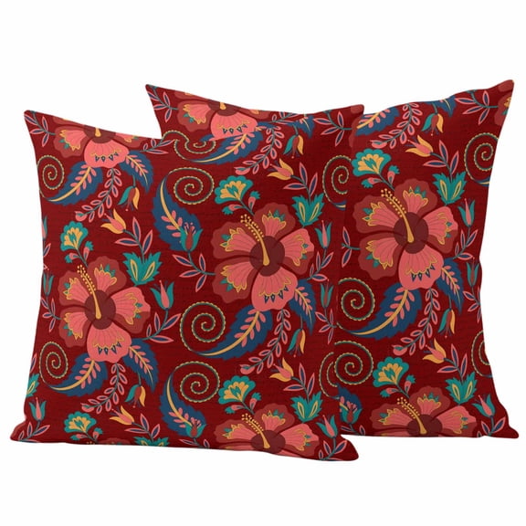 Red Boho Floral Outdoor Waterproof Pillow Covers, Vintage Southwestern Ethnic Tribe Botanical Decorative Square Throw Pillowcase Sofa Cushion Sham for Patio/Couch/Chair, 26"x26" 2 Pack
