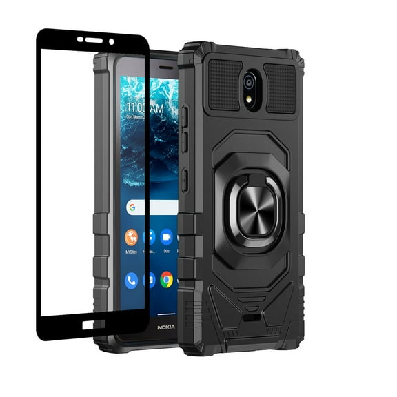 Phone Case for Nokia C100 Ring Stand Magnetic Car Mount Kickstand with Screen Protector Hybrid Hard TPU [MILITARY GRADE] Shockproof Cover [ Black ]