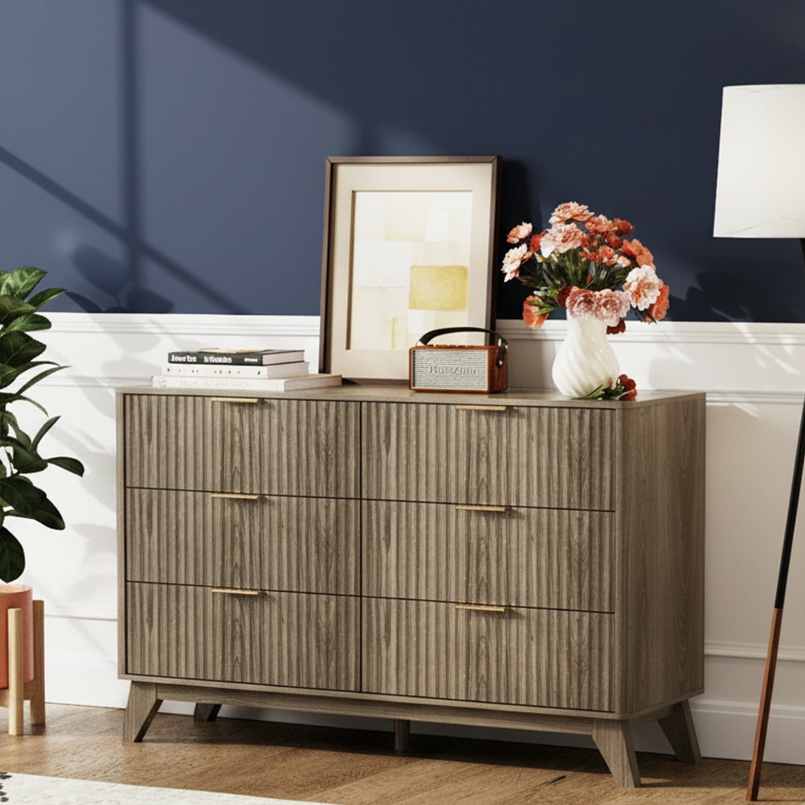 Ktaxon Modern 6 Drawer Dresser Fluted Wood Chest of Drawers with Soft Close Slides Storage Cabinet for Bedroom, Living Room, or Entryway Gray