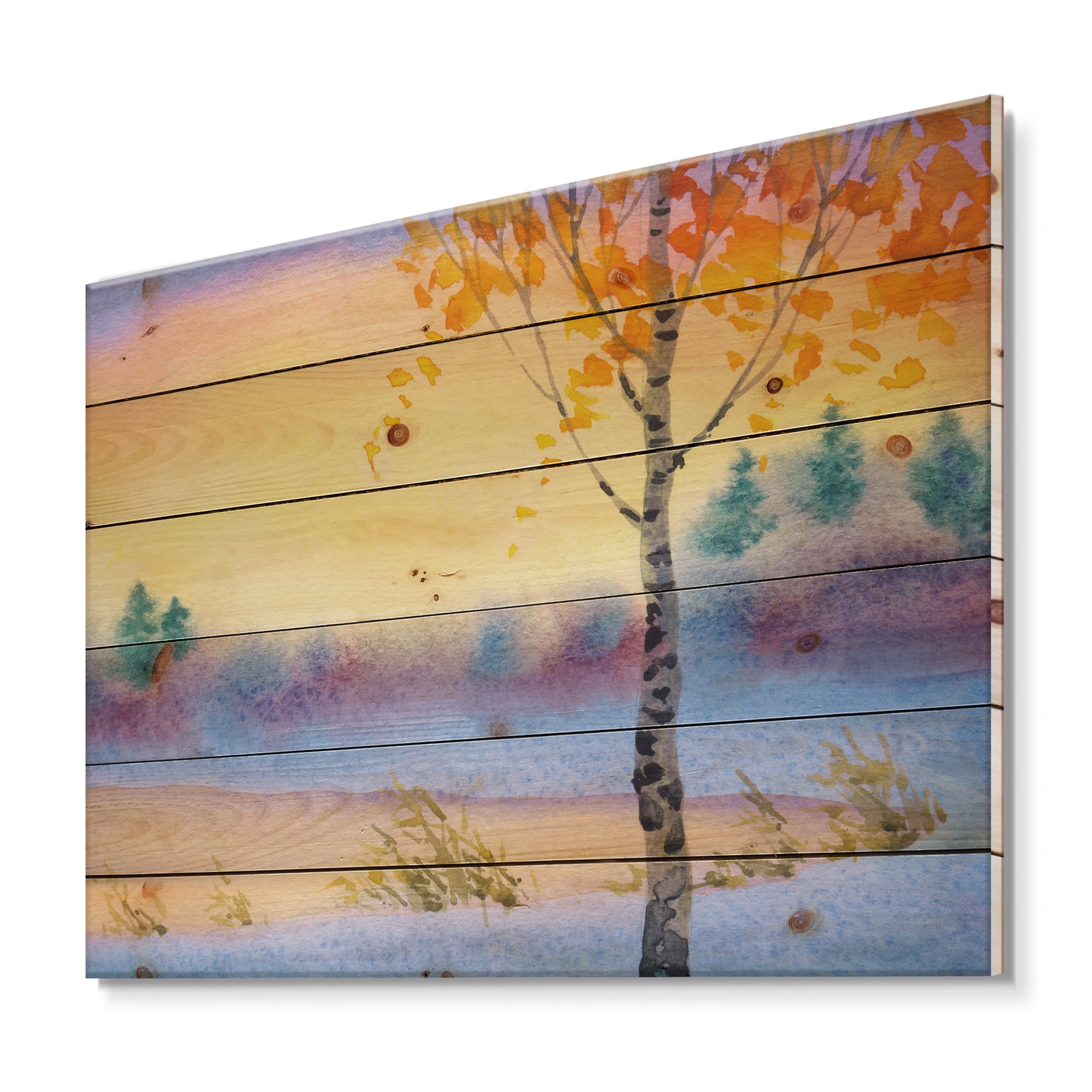 Designart 'Evening Sky Over Lake Winter Landscape' Traditional Print on Natural Pine Wood