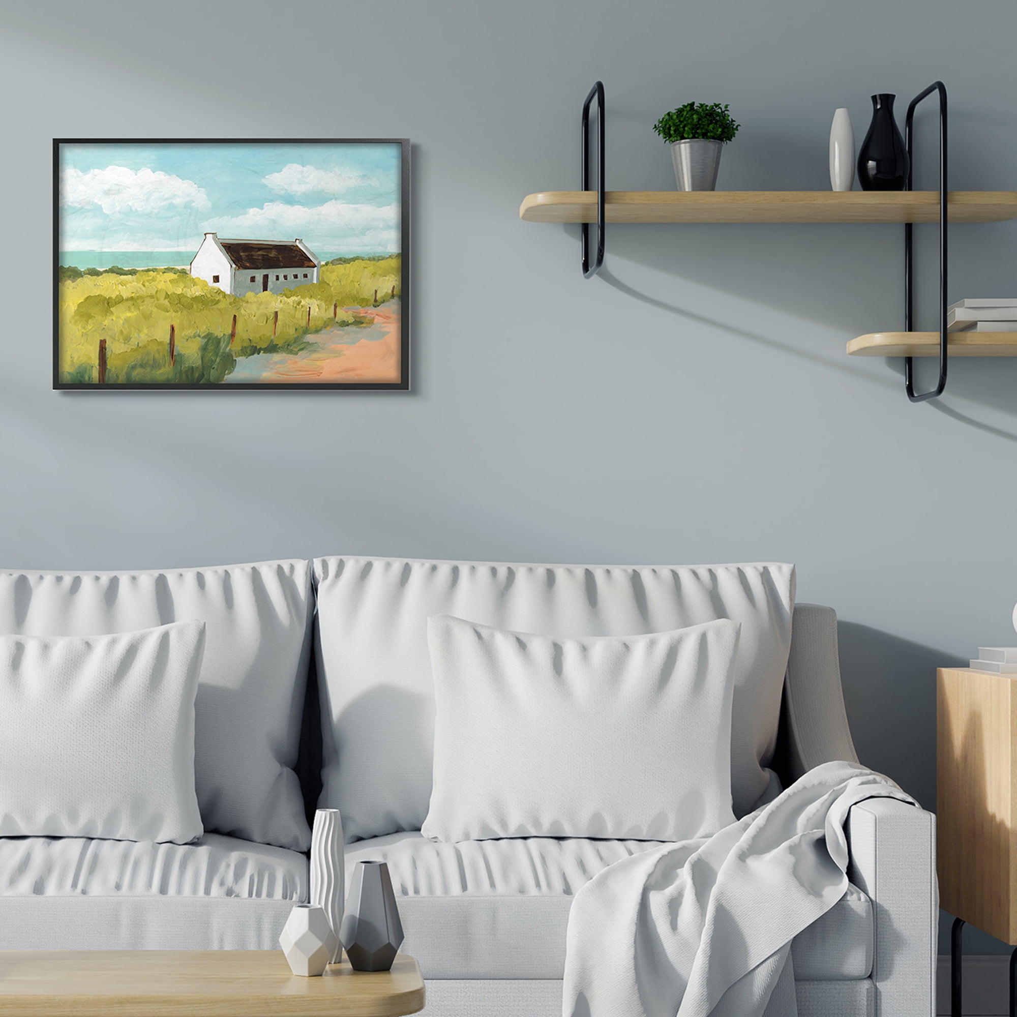 Stupell Industries White Cabin Architecture Grassy Coastal Beach Landscape Black Framed, 24 x 30, Design by Bart E. Slyp