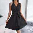 thumbnail image 2 of VSSSJ Women's Cross V Neck Sleeveless Tunic Mini Pleated Dresses Solid Color Belted Slim Elegant A-Line Swing Summer Short Dress Black S, 2 of 7