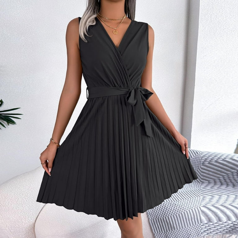 knee length dresses for ladies Women's Black Splicing Pleated Mini Dress main image 0