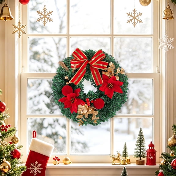 Christmas Wreath Artificial Fir Poinsettia Ribbon Bow Red Gold Holiday Front Door Decor Winter Home Fireplace Wall Hanging Ornament Festive Table Decoration Seasonal Home Accent