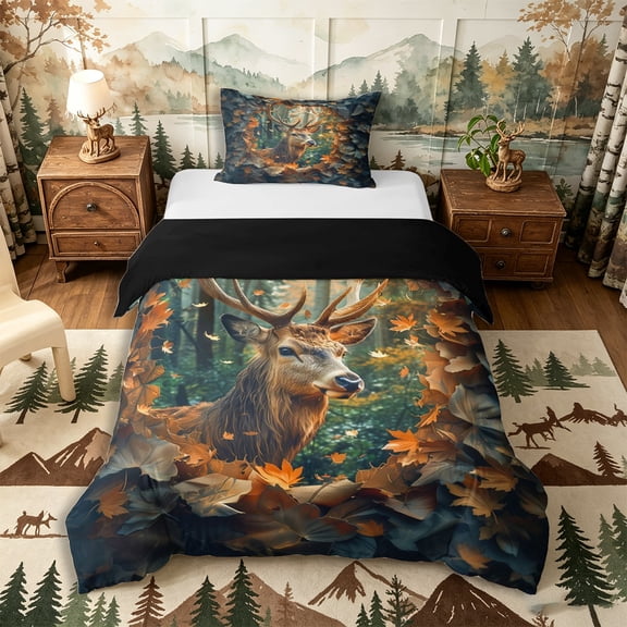 Castle Fairy Maple Leaves Deer Twin Duvet Cover,Autumn Jungle Wildlife Twin Bedding,Rust Brown Cream,Black Reversible,2pcs,No Comforter,1 Duvet Cover and 1 Pillowcase