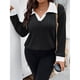 thumbnail image 4 of Suéter de Punto Informal de Talla Grande para Mujer, Cuello en V, Solapa, Color Liso, Camisa de Larga. y Negro XXL, 4 of 7