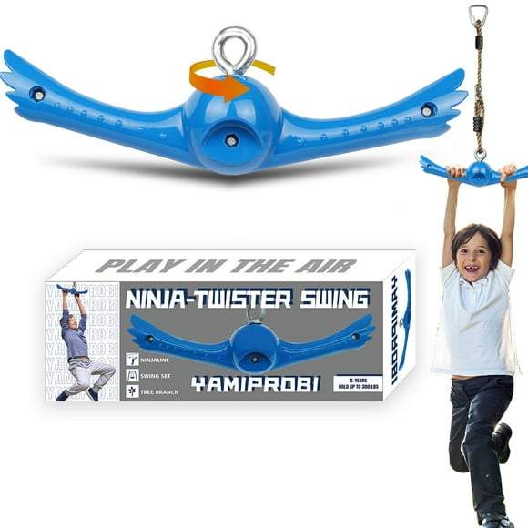 Yamiprobi Ninja-Twister Swing Spins Set: Slackline Attachments - 360 Handle Twist-Spin Flips Toy Activate Ninja Powers Warrior Accessories Kids Hang Toys For Playground Backyard Blue