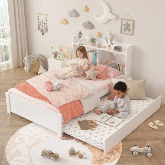 UHOMEPRO Twin Trundle Bed Frame with Storage Headboard, Wood Twin Bed Frame with Pull Out Trundle, Space Saving Platform Bed for Boys Girls, No Box Spring Needed, White