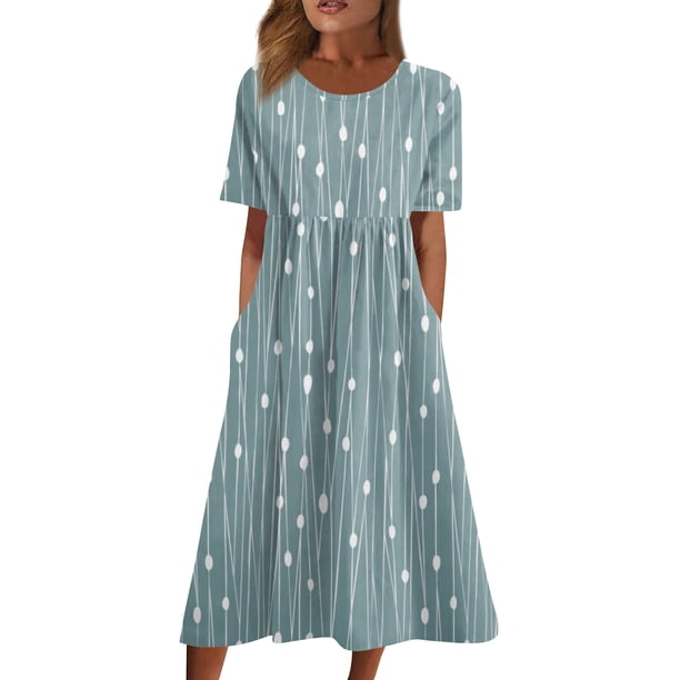 estampados Vestidos de verano Vestidos midi con cuello redondo plisados impresos Básicos Clásicos al aire libre Diario Manga corta Vestidos sueltos Azul claro / M