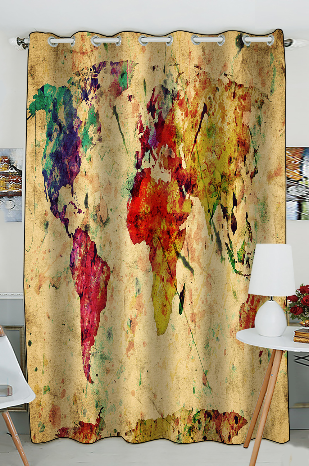 GCKG World Map Window Curtain,Colorful Retro World Map Grommet Blackout