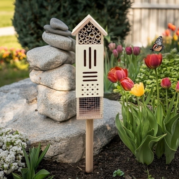 Pollination Palace - Wooden Bee & Butterfly Habitat with Ground Stake and Hook - Multicompartment Insect House for any Garden & Outdoor Area