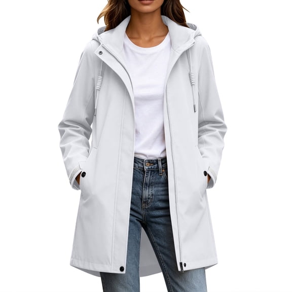cocolona Womens Long Hooded Raincoat Long Sleeve Fleece Waterproof Windproof Outdoor Hiking Rain Jacket Solid Color Tunic Fall Winter Jacket with Pocket