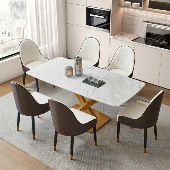 Leavader 63" White Stone Dining Table Set with 6 Dining Chairs