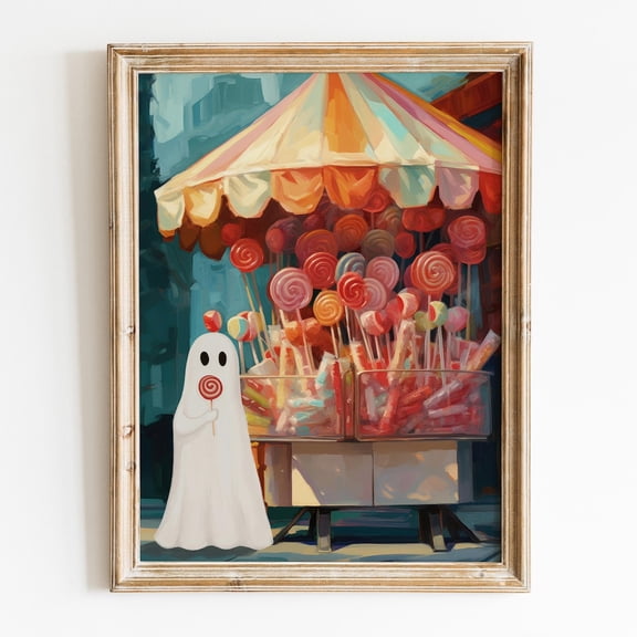 Miluva Cute Ghost With Lollipop Wall Art, Preppy Decor, Cute Ghost Print, Candy Poster, Trendy Ghost Wall Art Decor For Home Office, 8x12 UNFRAMED