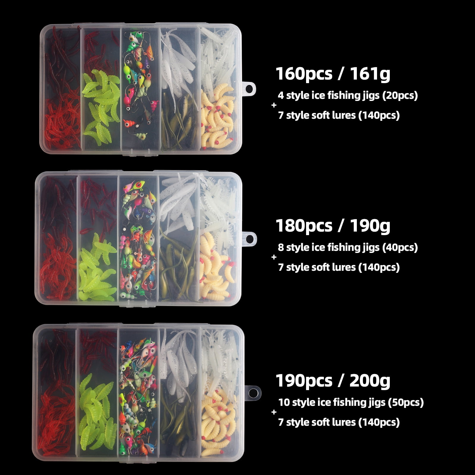 Ice 190pcs Ice Fishing Jigs Ice Fishing Lures Ice Fishing Starter Kit For Walleye Crappie Panfish