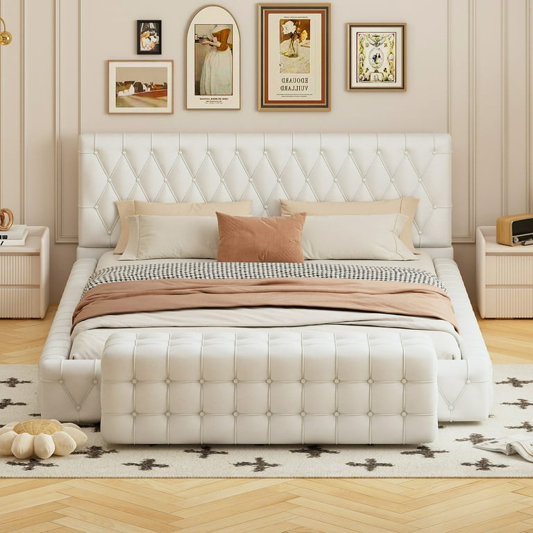 2 Piece Bedroom Set Modern Queen Size Upholstered Bed Frame with Rectangular Upholstered Ottoman White