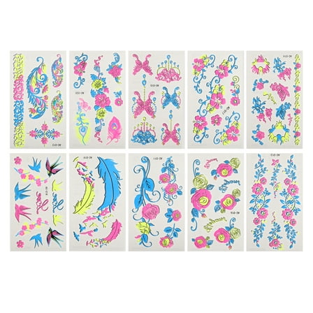 Unique Bargains 10 Pcs Luminous Fake Tattoos Animal Pattern Temporary Tatto Fluorescent Yellow