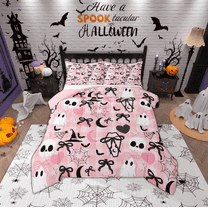 Manfei Kawaii Halloween Ghost Bedding Comforter Set,Black Bowtie Ribbon Twin Comforter Sets,Horror Skeleton Spider Webs Bedding Set For Girls Boys,Super Cozy Room Decor Reversible,2 Pieces