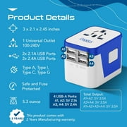Ceptics Universal Travel Adapter Plug World Power W/ 4 USB Ports - Charge Cell Phones, Smart Watches, iPhones - For International Europe, China, UK, UAE, Australia - Type A, C, G, I