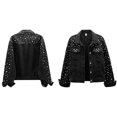 thumbnail image 2 of Women'S Pearl Denim Jacket Cropped Rhinestones Jean Jacket Coat Black S, 2 of 5