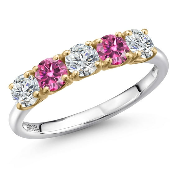 Gem Stone King 925 Silver and 10K Yellow Gold Lab Grown Diamond and Pink Moissanite Wedding-Bands Ring for Women | 1.27 Cttw | Round 4MM | Gemstone April Birthstone | Size 8