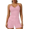 thumbnail image 4 of GILIGEGE Women 2 Piece Workout Sets,Sports Bra Tank Gym Biker Shorts Outfits,Halter Neck Padded Yoga Tank Tops Scrunch Butt High Waisted Shorts,Seamless Impact Longline Strappy Top Outfits Pink XS, 4 of 5