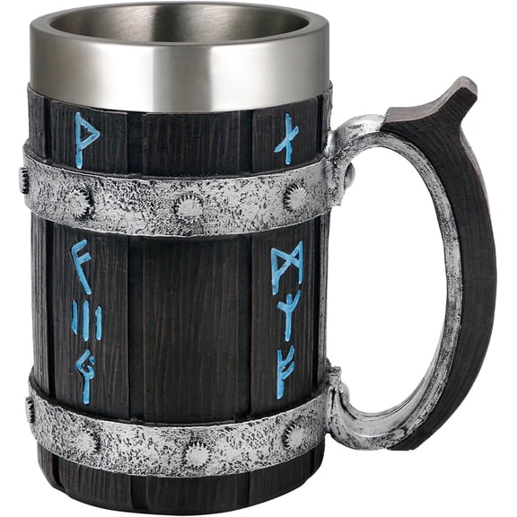 Viking Mug - 21OZ Nordic Viking Rune Coffee Mug Gifts for Men Norse Mythology Decor Wooden Barrel Beer Mug Stainless Steel Tankard Cup