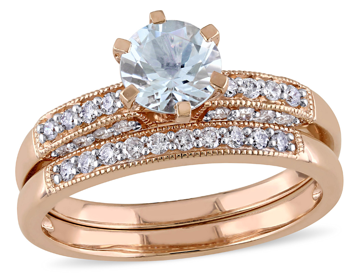 Aquamarine 3 4 Carat (ctw) with Diamond 1 3 Carat (ctw) Bridal Set Ring in 10K Pink Gold by Gem And Harmony