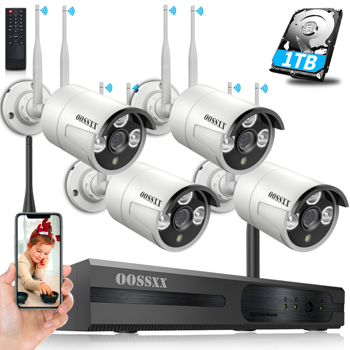 1080P Wireless Home Security System WIFI CCTV 3 Camera 1TB NVR Outdoor Kit 