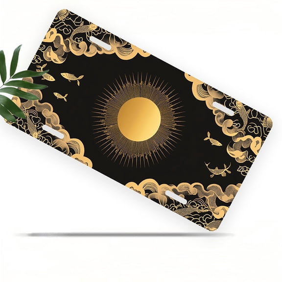 License Plate, Golden Sun and Koi Decorative Front,Personalized Stainless Steel License Plate Cover For Men Women,12.2" X 6.2"
