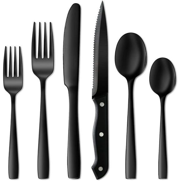 24 Pieces Black Silverware Set, Black Flatware Set, Food-Grade Stainless Steel Cutlery Set for 4, Tableware Eating Utensils, Mirror Finished, Dishwasher Safe