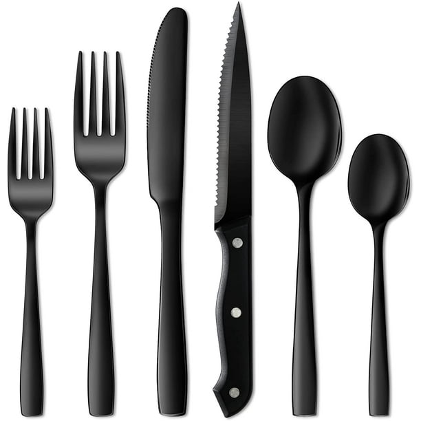 Juego de cubiertos negros de 24 piezas, juego de cubiertos negros, juego de cubiertos de acero inoxidable de grado alimenticio para 4, utensilios para comer, acabado espejo, apto para lavavajillas