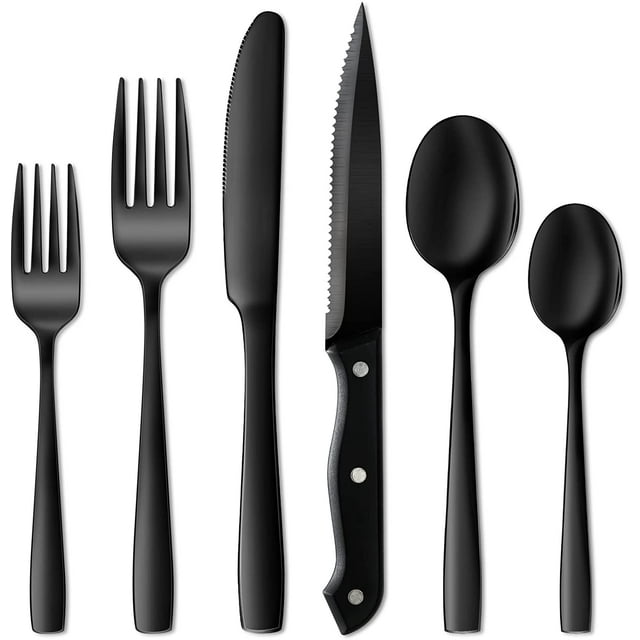 24 Pieces Black Silverware Set, Black Flatware Set, Food-Grade Stainless Steel Cutlery Set for 4, Tableware Eating Utensils, Mirror Finished, Dishwasher Safe
