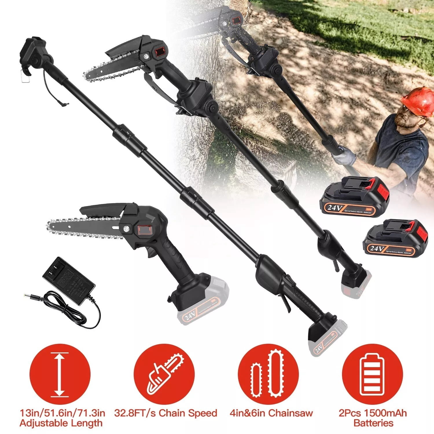 XEENSO Cordless Pole Saw Mini Chainsaw 2-in-1 Tree Trimming 9" Extension Rod Adjustable