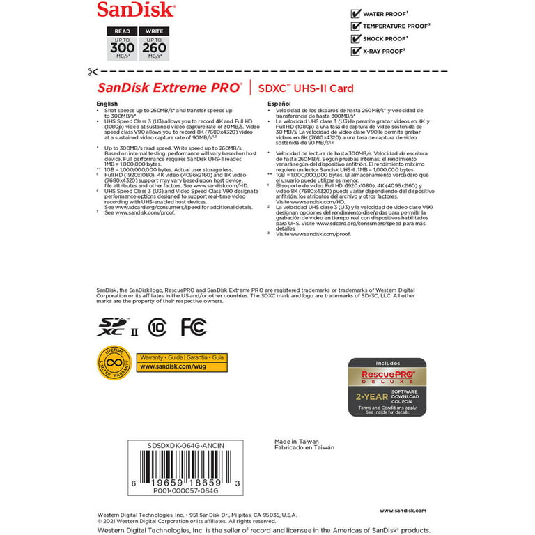 SanDisk Extreme PRO SDXC 128 Go UHS-II U3 V90 Classe 10