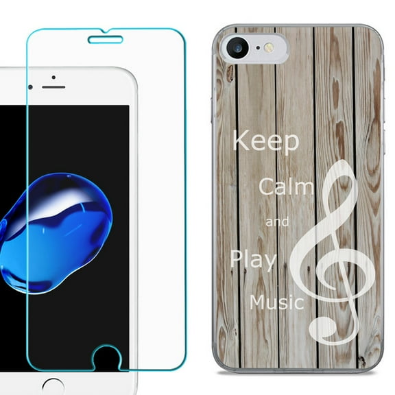 For Apple iPhone SE 2020 Case, Slim-Fit TPU Phone Case, with Tempered Glass Screen Protector, by OneToughShield ® - Wood/Music