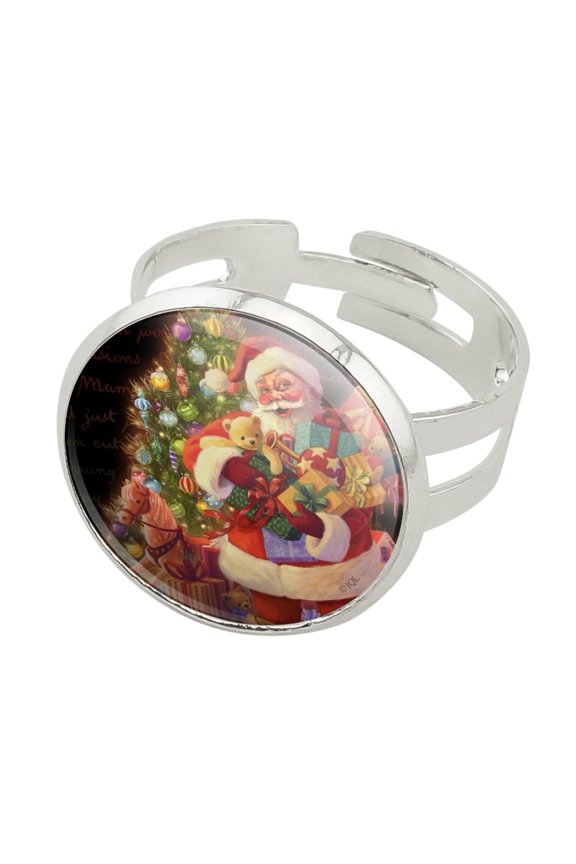 Christmas Holiday Santa Arms Full of Toys Silver Plated Adjustable Novelty Ring