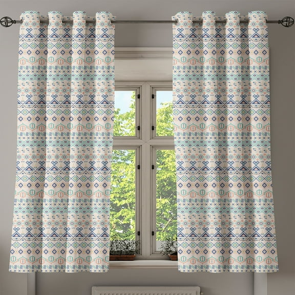 Ambesonne Geometric Grommet Curtain, Aztec Motifs Squares, 50" x 54", Mint Dark Blue Peach