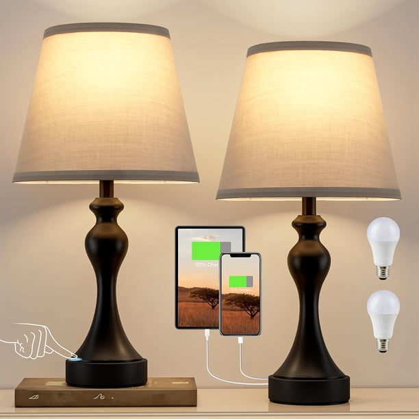 Juego de 2 lámparas táctiles para mesita de noche - Lámparas de cabecera, 3 formas de atenuación, USB C+A para dormitorio y mesas auxiliares (bombillas LED incluidas)