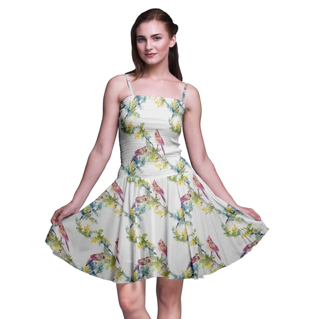 Bimba Robe d'Été à Bretelles Spaghetti Imprimée d'Oiseaux, Robe de Plage pour Vacances et Fêtes - XX-Grand