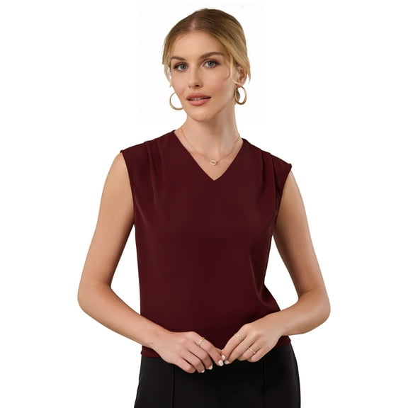 DARING DIVA Women's Sleeveless V Neck Pleated Front Casual Top S Dark Red