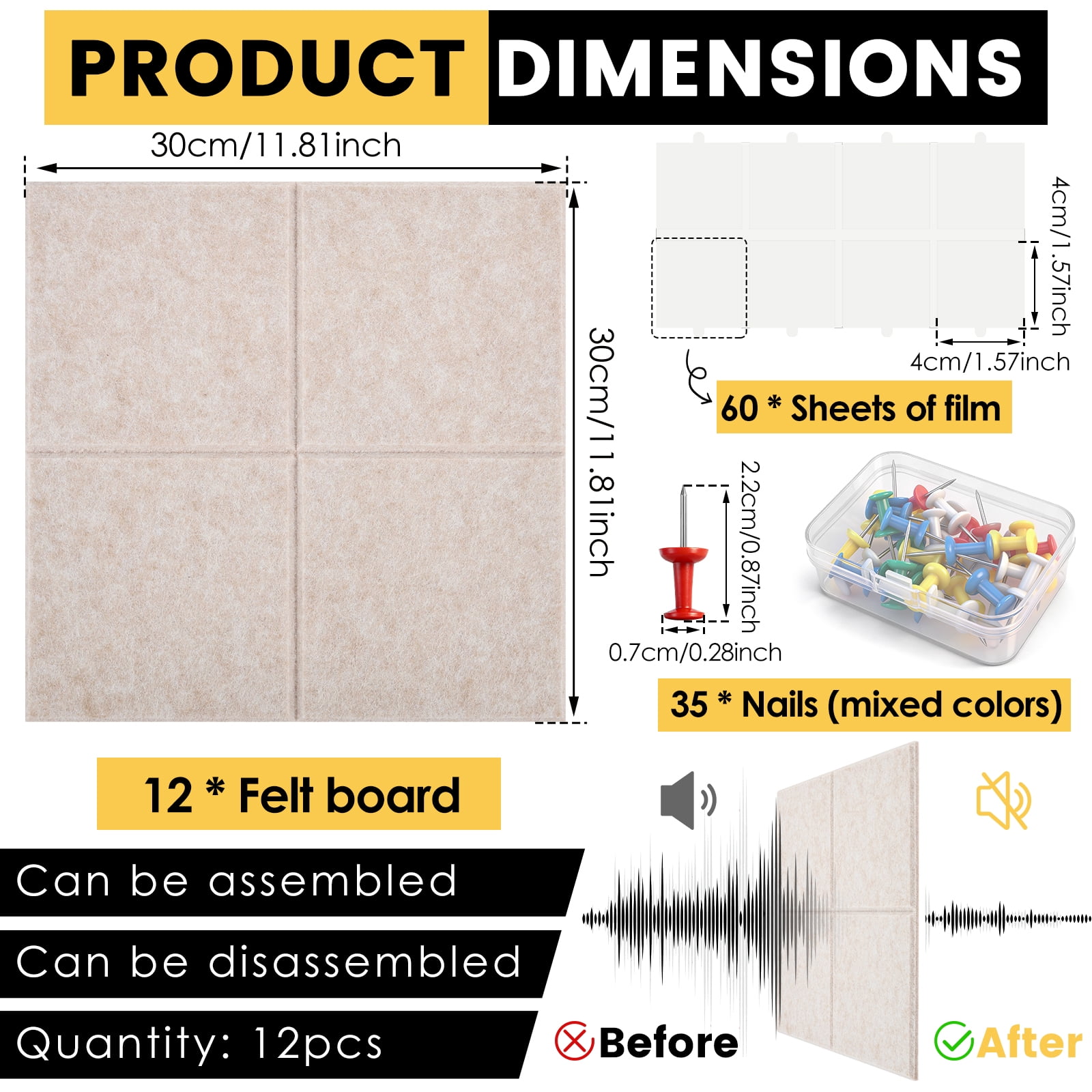 Threns Large Felt Bulletin Board,48" x 36" Cork Board Alternative-12 Pack with 60 Safe Removable Adhesive Tabs,Cork Boards for Walls Cork Board for Home Office Classroom Pin Board (Light Camel)