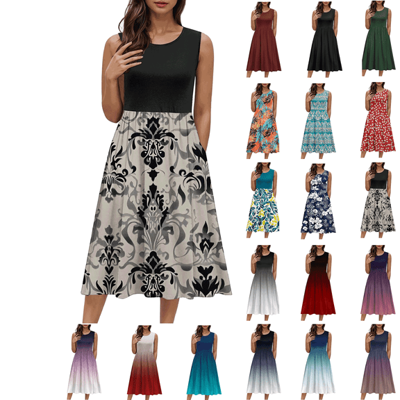 Up to 50% off! Titcea Tank Midi Dress Sleeveless A-Line Ruffled Hem Sundress with Pockets Floral Print Crew Neck Casual Dress Flowy Summer Beach Dress