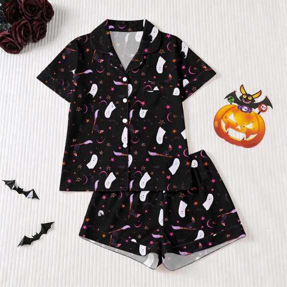 Girls Halloween Bat Print Pajama Set – Comfortable Button Down Shorts Loungewear for Kids Ages 3-14 Years, Versatile Two Piece Sleepwear Outfit for Holiday Party Night