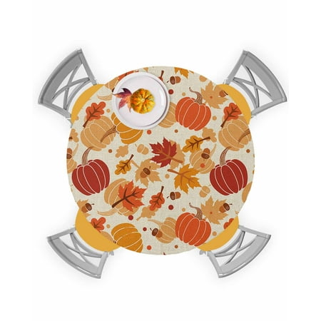 

Round Tablecloth with Elastic Thanksgiving Fall Farmhouse Vintage Pumpkin Maple Leave Waterproof Stain-proof Table Cover Wipeable Fitted Table Cloths for 55 -60 Round Tables Dining Kitchen
