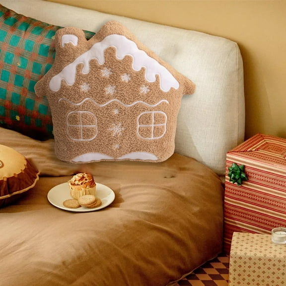 Eespoir Gingerbread House/Snowflake Plush Sherpa Cushion Pillow, Merry Christmas Embroidery Pillow, Desktop Scene Decoration, for Home Bedroom Xmas Party(A)